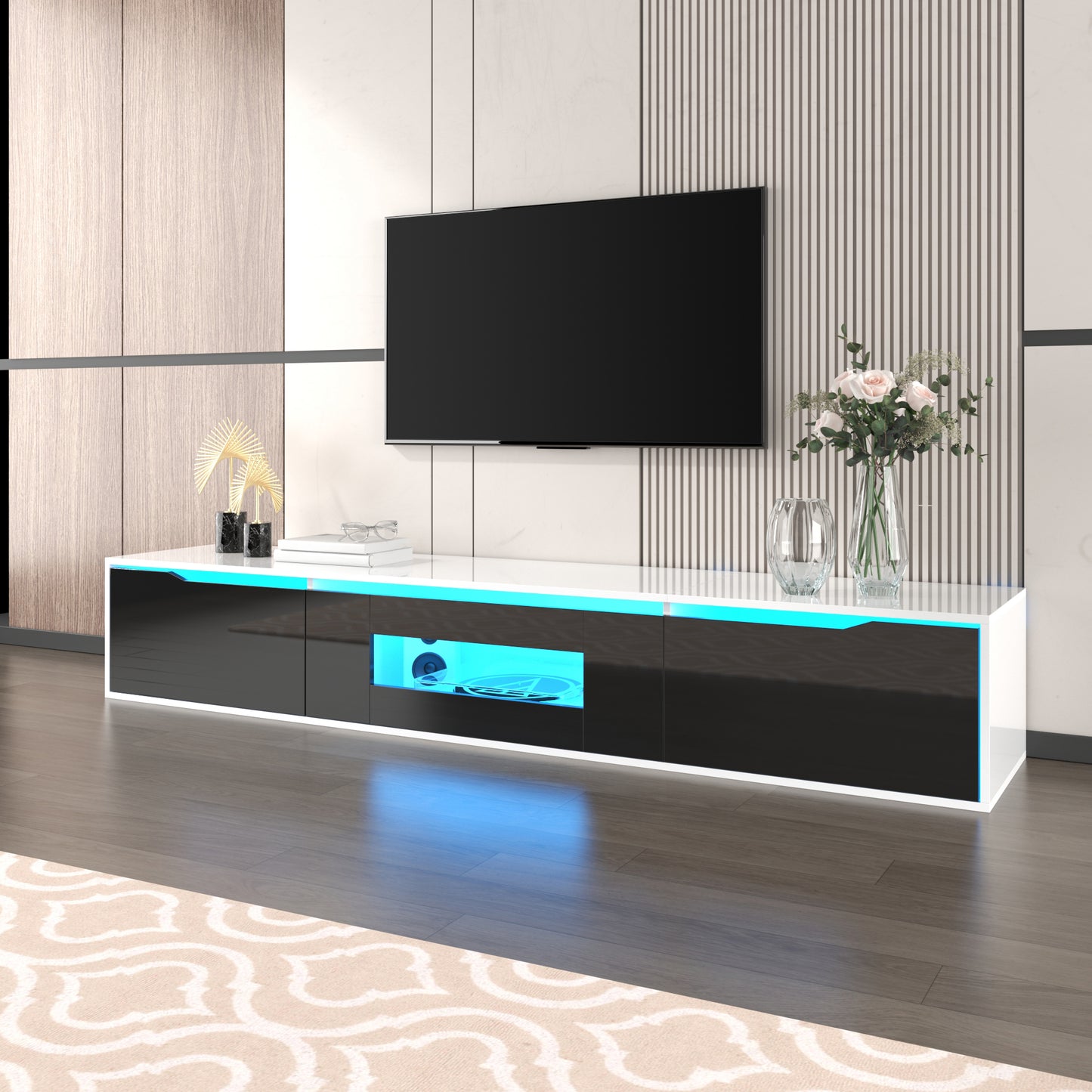 Modern Display Cabinet & TV Cabinet, High-gloss In Black And White, With Colour-changing LED Lighting  Front In Black High-gloss