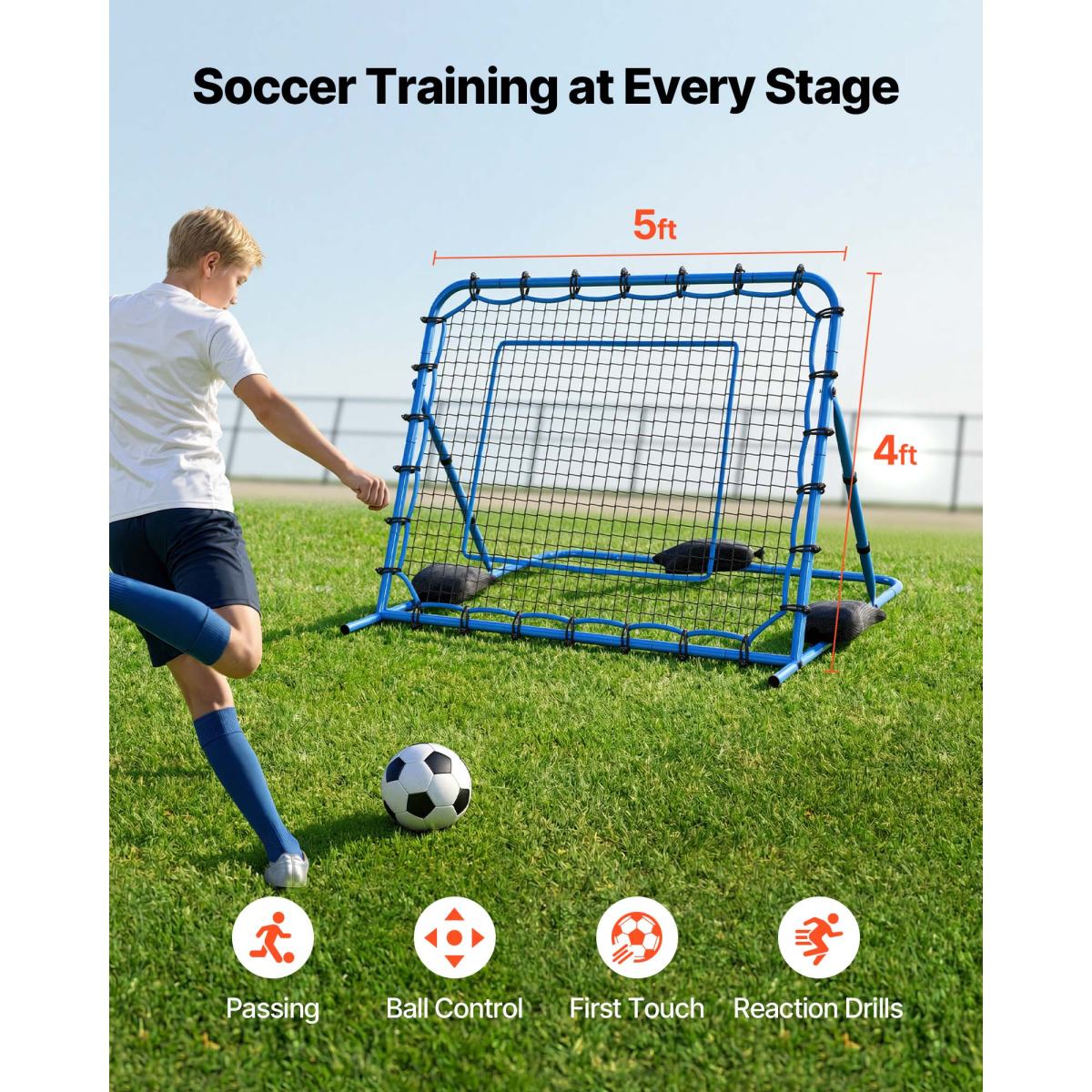 Soccer Rebounder Net, Quick-Switch Angle Soccer Goal Rebounder For Control, Passing Practice, Heavy-Duty Iron Frame & PE Net, Easy Setup Ball Training Aids & Equipment For Teens&Adults,5 X 4 Ft