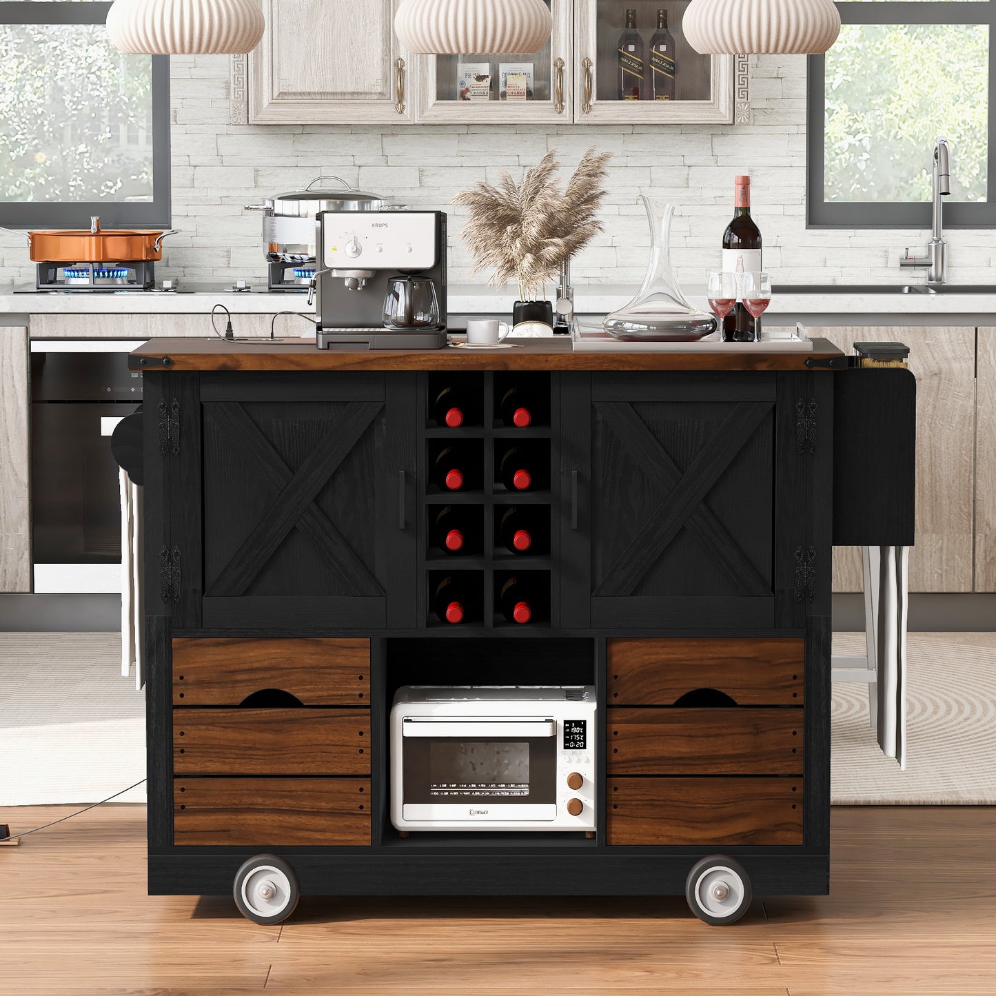 K&K 54  Farmhouse Kitchen Island With Drop Leaf, Power Outlet, Kitchen Storage Cart With 2 Doors, 2 Drawers, Rolling Kitchen Island On 4 Large Wheels With Spice Rack For Kitchen, Dining Room, Black