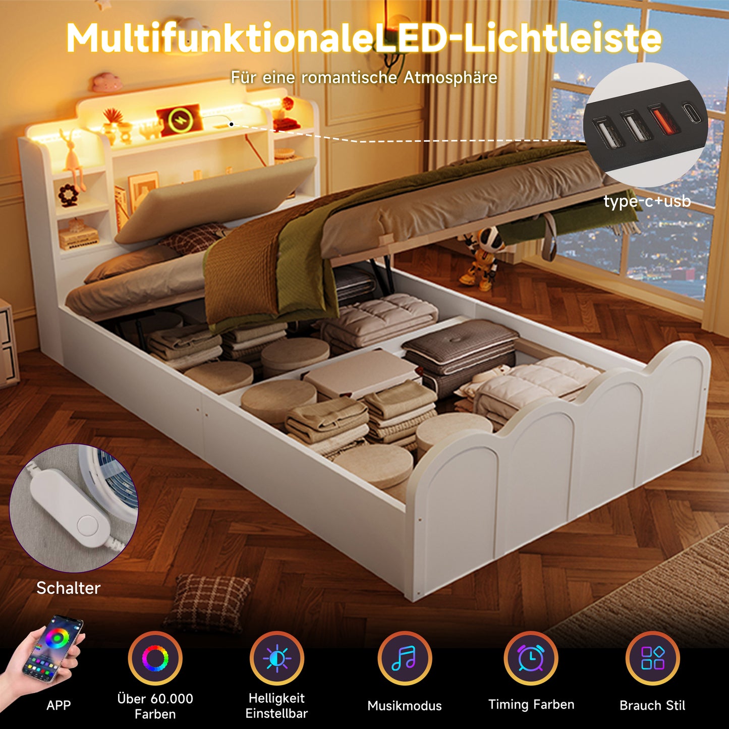 Panel Bed, 90x200 Cm, Hydraulic, With USB Type-C Charging, LED Lighting, Push-button App, Without Mattress, Flip-top Storage Compartment, Multifunctional Storage, White