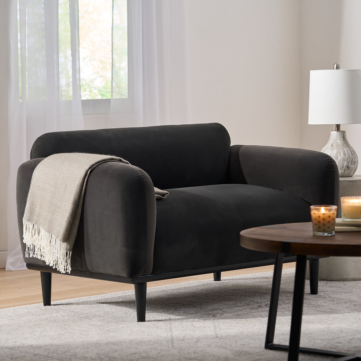 Loveseat Sofa - 50 Dark Gray Upholstered 2-Seater With Black Legs, Comfortable & Stylish For Living Room, Office, Or Reading Nook,Dark Gray