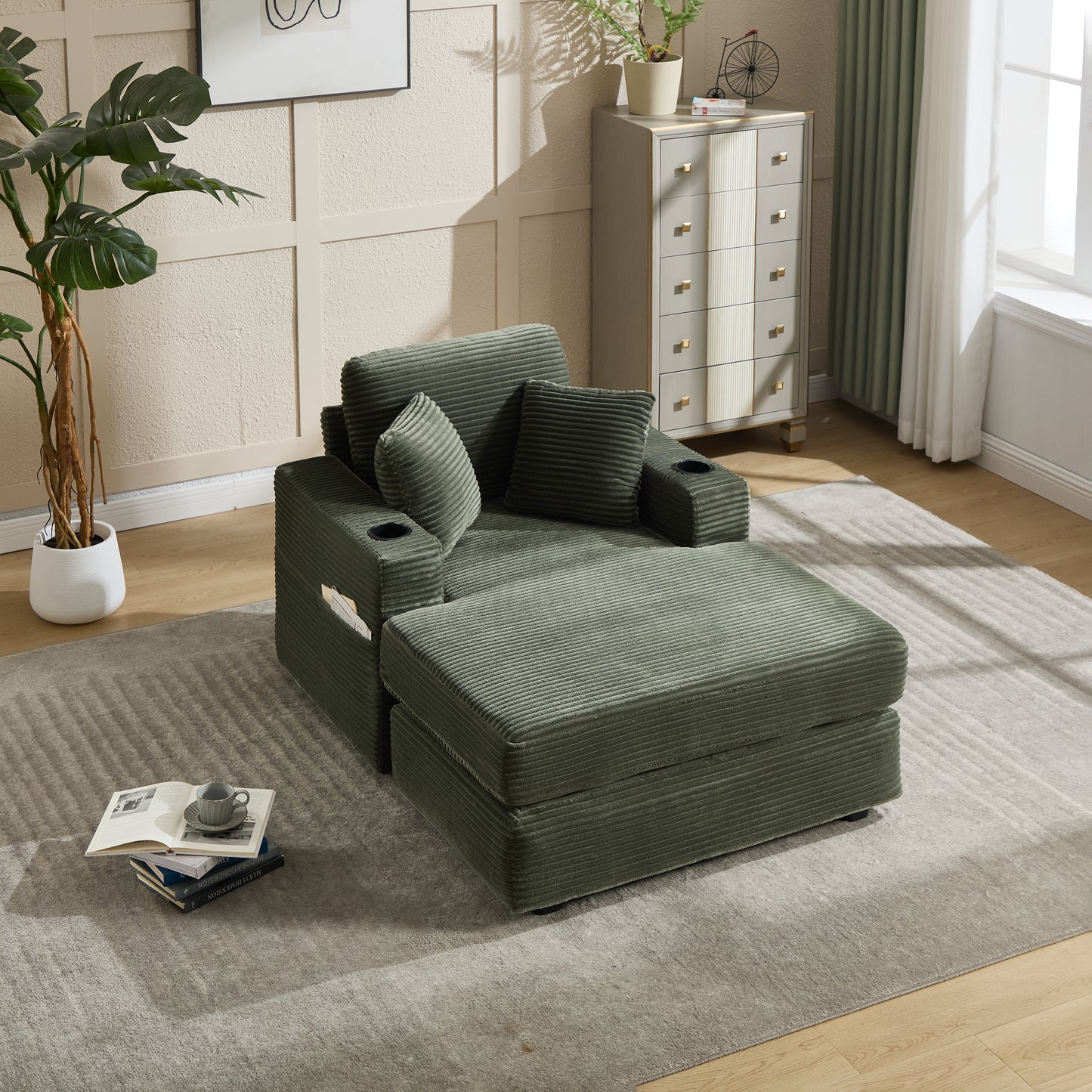 New Corduroy Upholstered Chaise Lounge Sofa,Magazine Bag,Detachable Cushions Deep Seat For Living Room Office,3 Colour