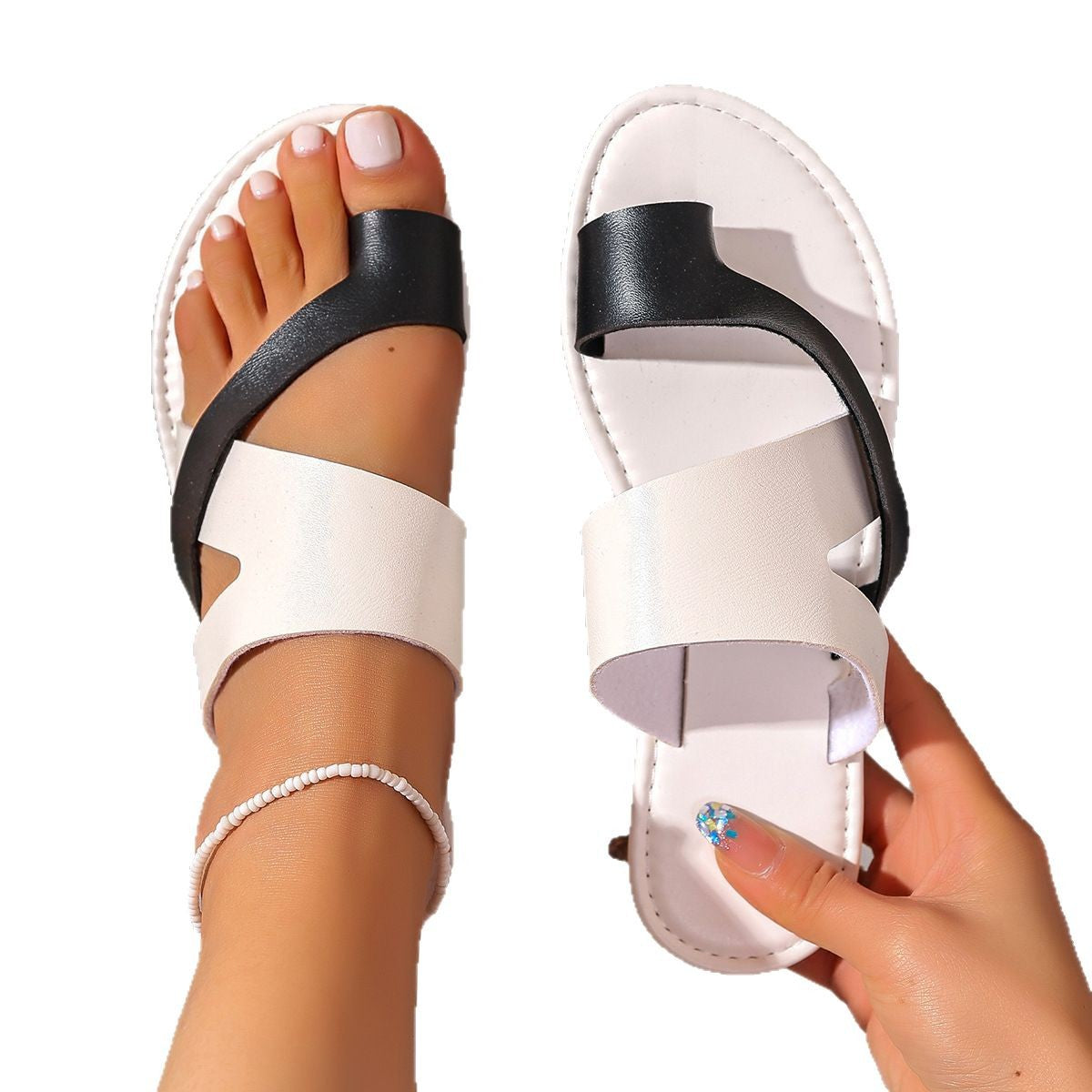 Foreign Trade Minimalist Flat-Soled Colorblock Fashion Thong Sandals