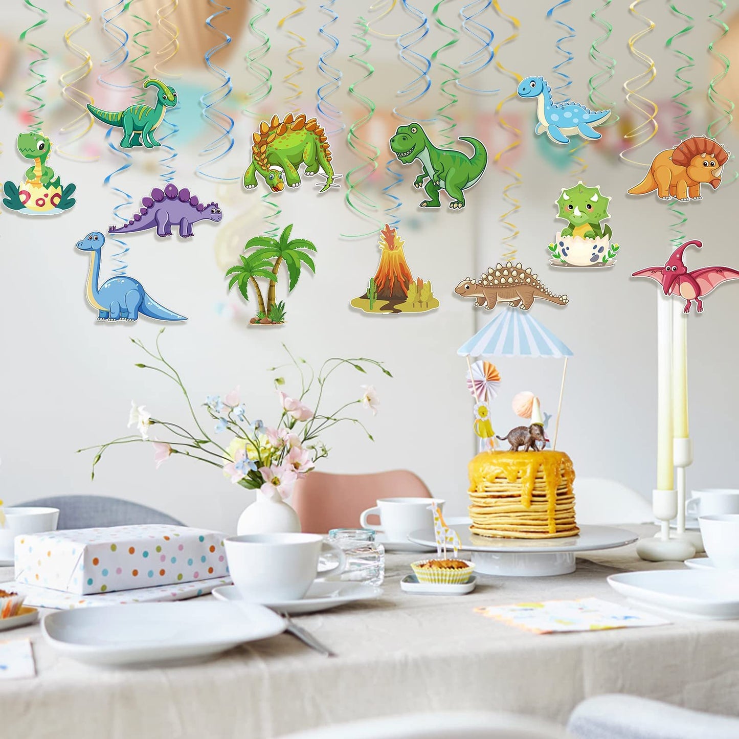 30-Piece Dinosaur Decorative Garland - Themed Jungle Party Decor With Spiral-Shaped Elements - Party Supplies Set