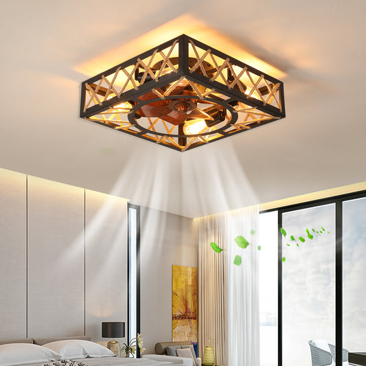Farmhouse Rustic Ceiling Fan And Remote Control,Square Caged Industrial Ceiling Fixture With 6 Speeds & Noiseless DC Motor For Kitchen Dining Room Living Room Bedroom