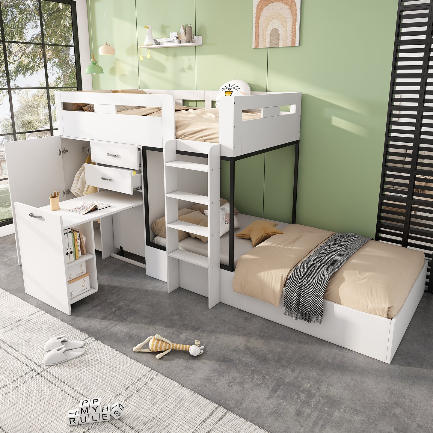 Bunk Bed With Pull-out Desk And Coat Rack, Multifunctional Children's Bed, Children's Bunk Bed, With Drawer & Shelves & Ladders, Without Mattress, 90x200 Cm, White OLD SKU 3233289012AAW-1
