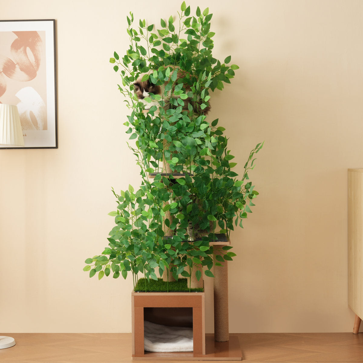 190 Cm Tall Tree-shaped Cat Tree With 4 Platforms And Cat Holes  Pet-safe Material, Removable Leaves, Scratch-resistant MDF  Suitable For Cats To Hide And Climb.