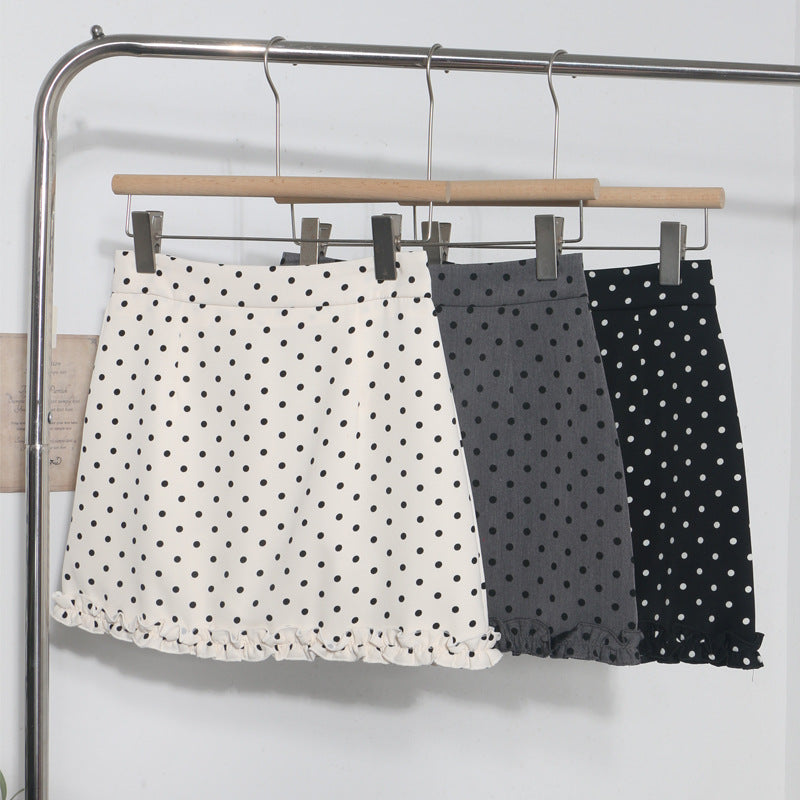 Korean-style Fringed Hem Polka-dot High-waist Anti-exposure A-line Sheath Skirt