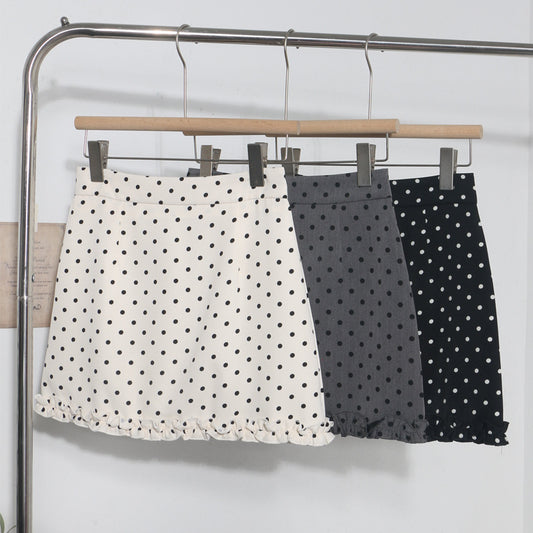 Korean-style Fringed Hem Polka-dot High-waist Anti-exposure A-line Sheath Skirt