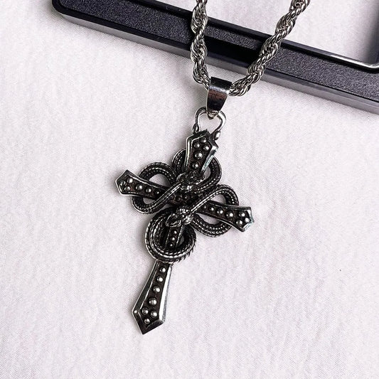 1pcs Vintage Twisted Chain Snake Wrapped Cross Pendant Necklace, Dark Punk Gothic Style, For Men Street Biker Party Wear & Male Holiday Gifts