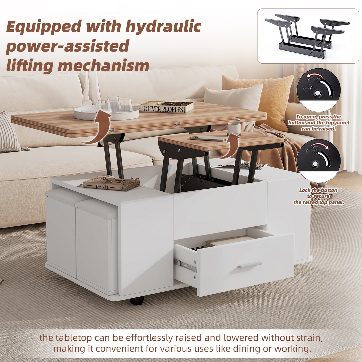 Lift Top Coffee Table With Wheels,  Convertible Dining & Work Table With 4 Stools, Hidden Storage, Extendable Side Table, Space-saving End Table,Tea Table, White  Natural Wood, 100x50x45cm   Folded
