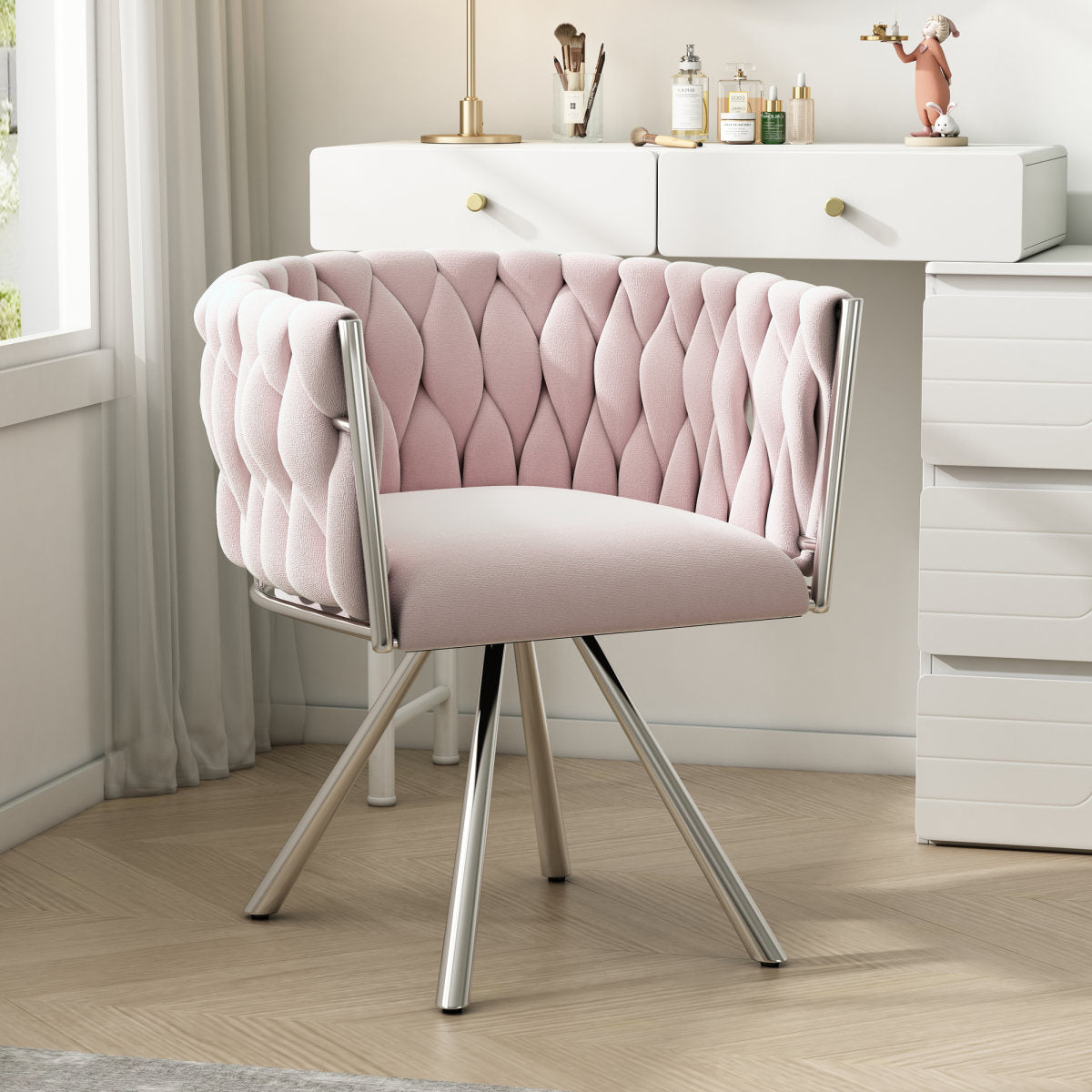 Velvet Makeup Chair, 1pc, Single Luxurious Bedroom Swivel Chair, Leisure Swivel Chair, Four Metal Support Legs,