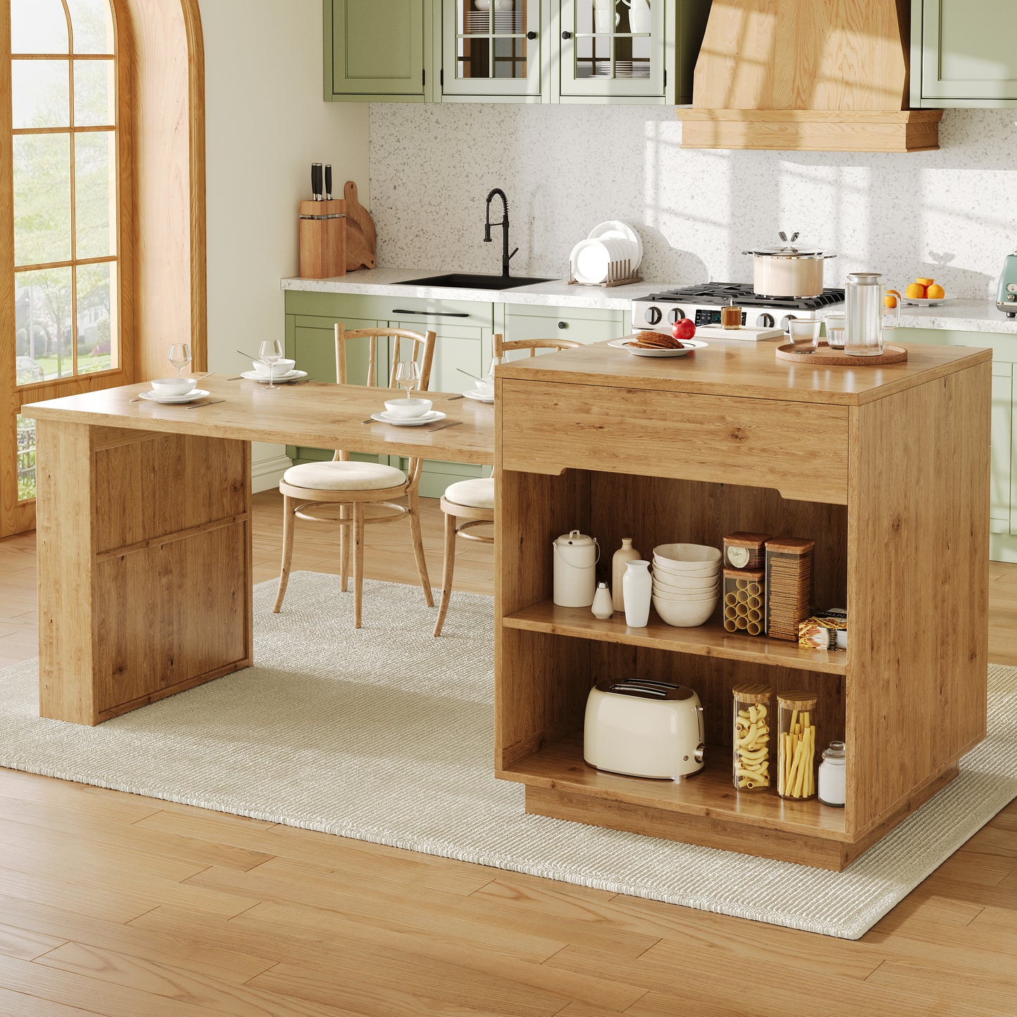 Kitchen Island With Extendable Table, Multifunctional Kitchen Storage Cabinet With LED Lighting  App Control , Oak Effect, Glass Door, For Kitchen & Dining Room