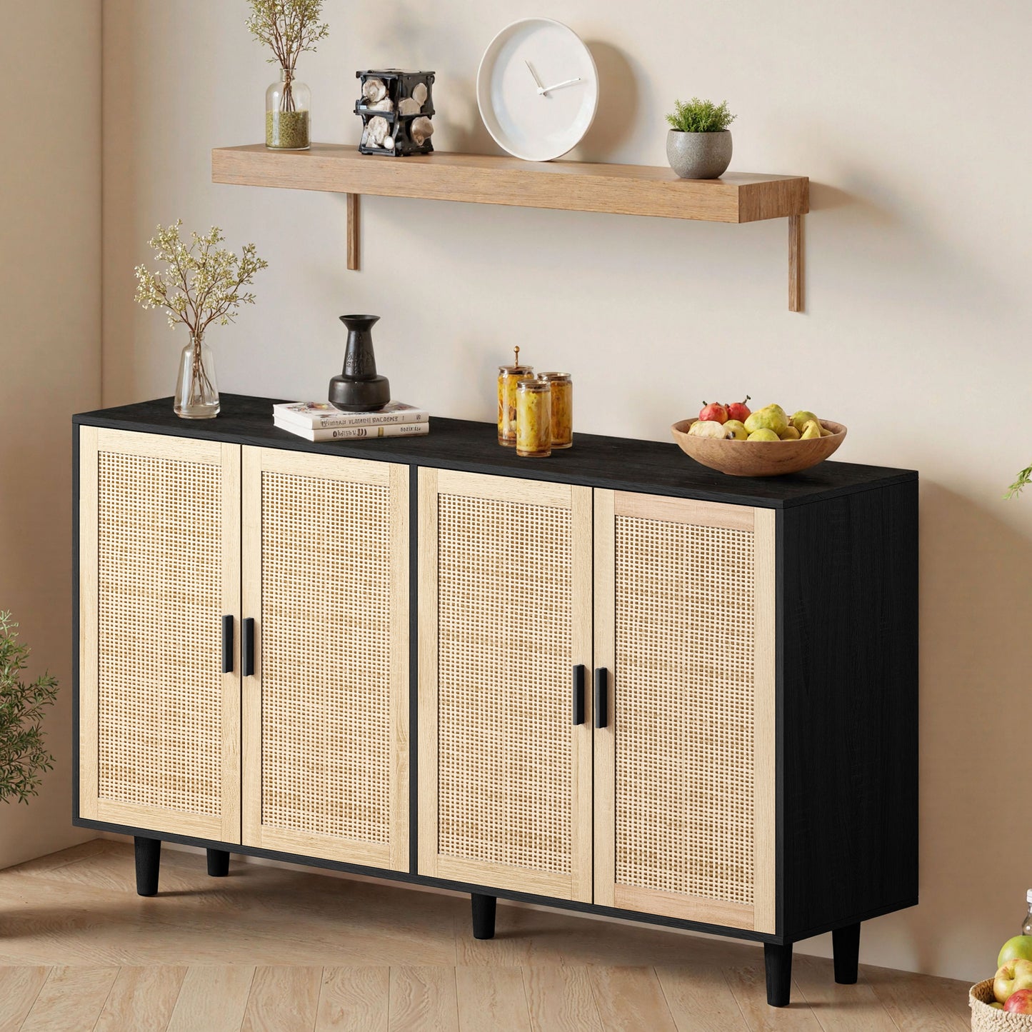 158CM Elegant And Functional 4-Door Rattan Decorative Storage Cabinet,for Bedroom,Living Room,Office,Black 158CM Elegant And Functional 4 Door Rattan Cabinet For Bedroom, Living Room, Office