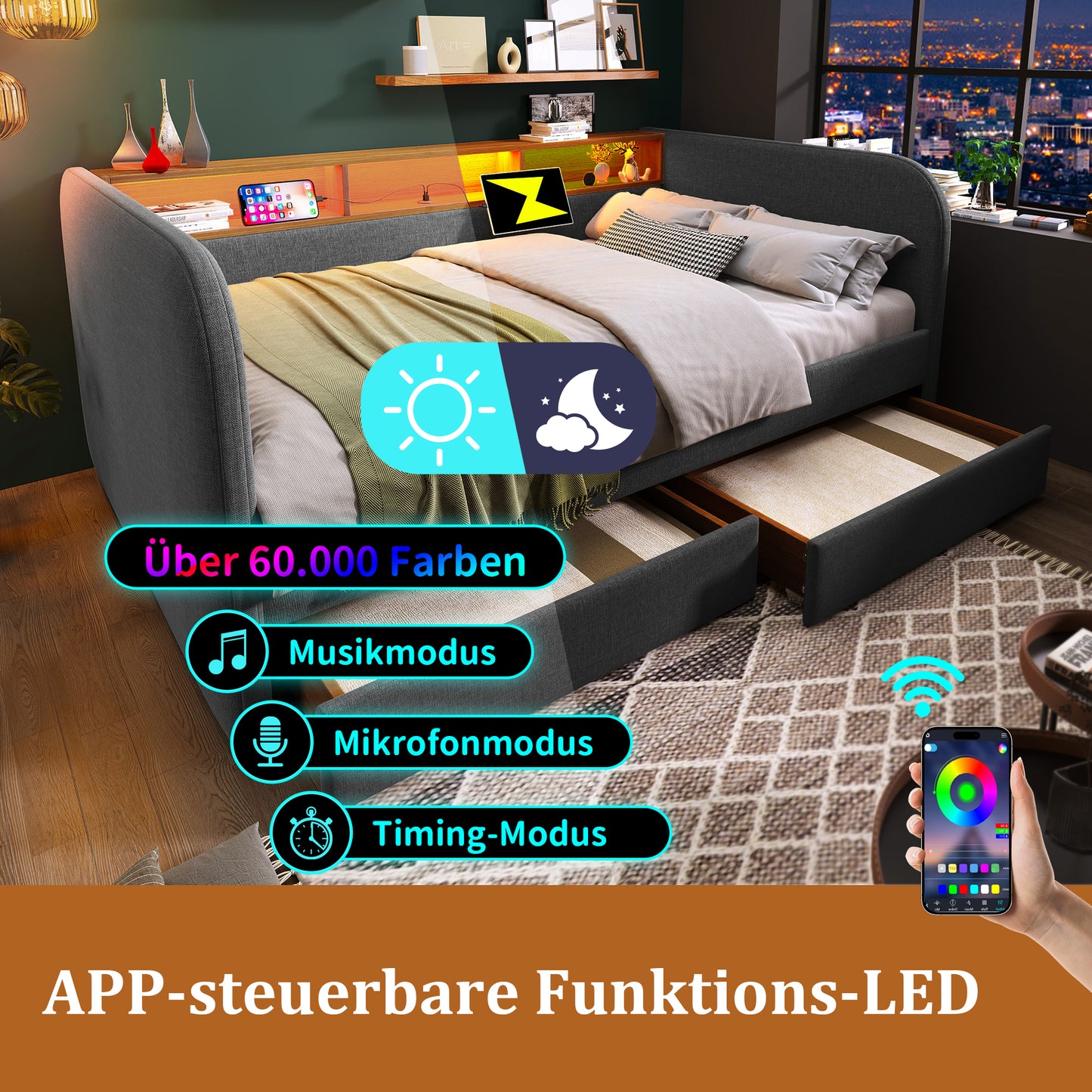 AB20754142G Upholstered Bed Daybed 140x190 Cm, Sofa Bed With LED And USB-C Charging, Daybed With 2 Drawers And Storage Headboard, Linen, Grey  Without Mattress