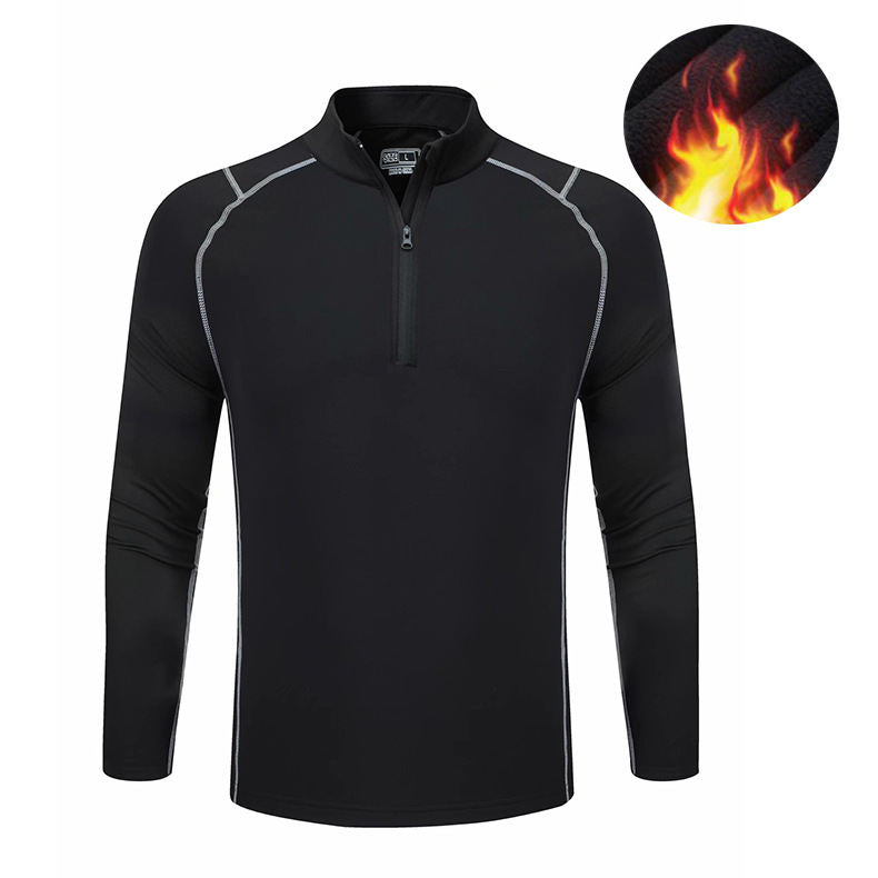 Mens Long-Sleeve Fleece-Lined Quick-Drying Tight-Fit Half-Zip Running And Fitness Apparel For Outdoor Use