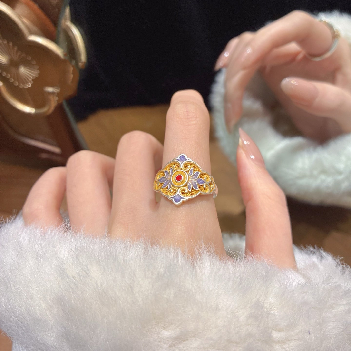 1pcs 999.9 Sterling Silver Filigree Enamel Flower Statement Ring, Luxury Retro Style, Ideal For Birthdays & Holiday Gifts