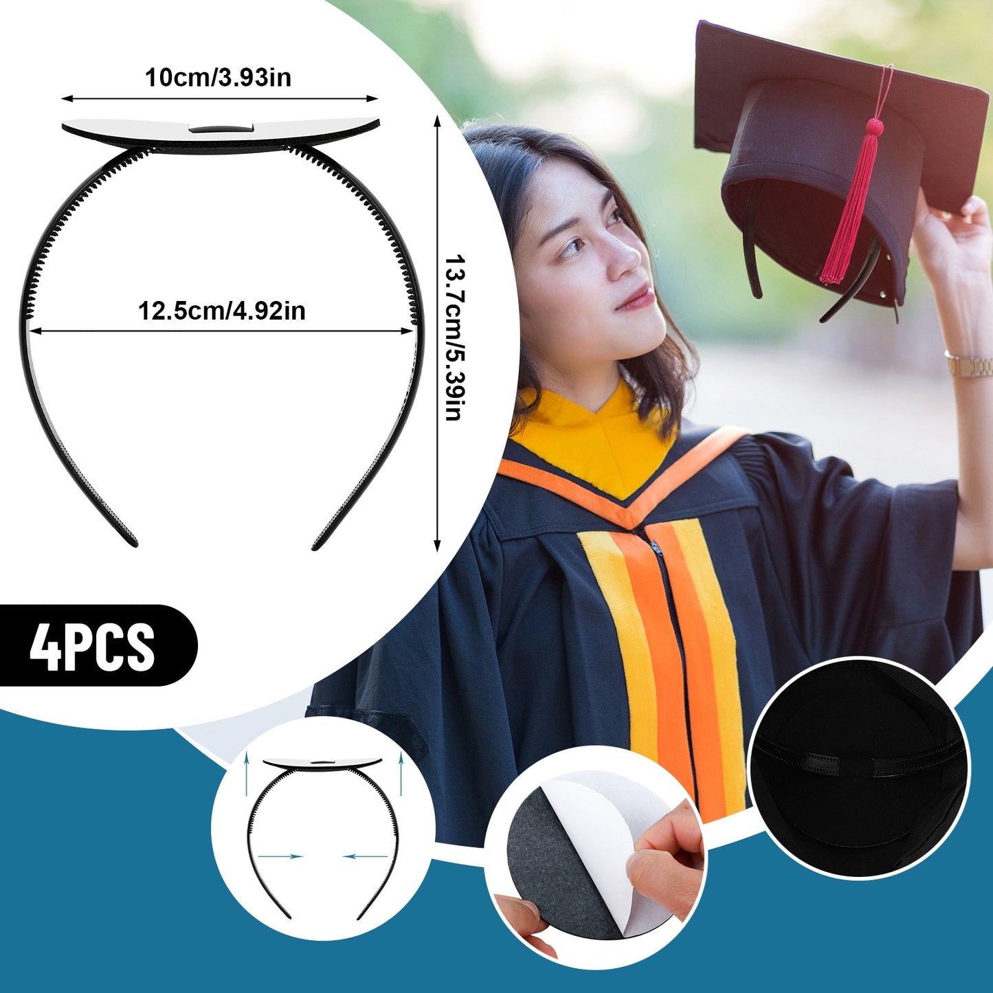 4 Pack Graduation Cap Headband,Grad Cap Band With Adhesive Strip Secures Your Grad Cap Upgrade Insert Hairstyle Hat Accessories Hairband For Graduates Gift