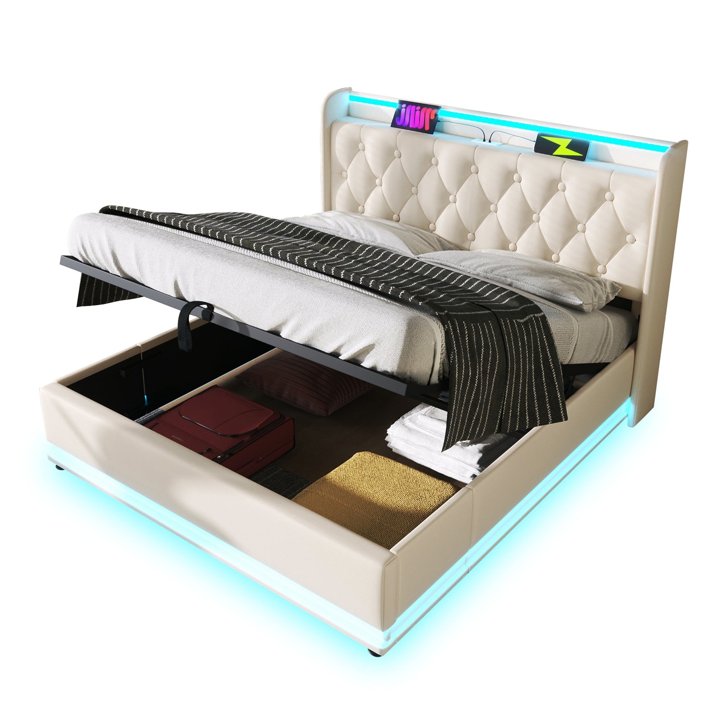 Upholstered Bed Double Bed, 360 Surround LED Function, Push Button App Remote Control, 160x200 Cm, White PU Material Hydraulic Camp Bed, Padded Headboard With USB Type-C Charging Function  Without Mat
