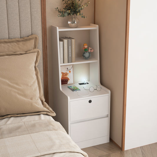 Nightstand With Charging Station, Smart Nightstand With Night Light, Modern Night Stand With Bookshelf, Bedside Tables With Storage Cabinet For Bedroom, White