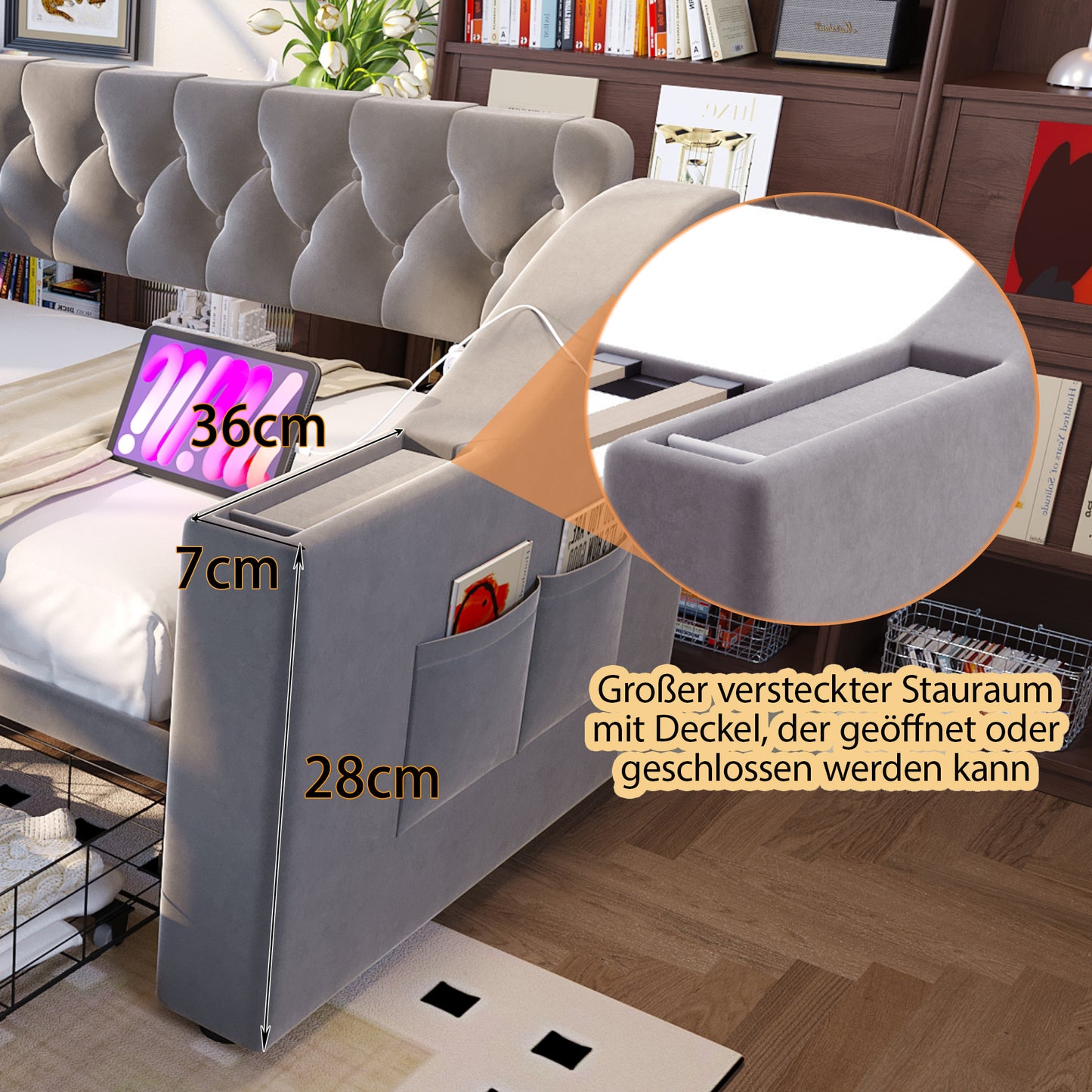 Upholstered Bed Sofa Bed 90x190 Cm, Wider And Thicker Armrests With USB Charging Port, Integrated Shelf In The Armrests, With Storage Pockets, With Storage Drawer, Velvet Fabric, Light Grey