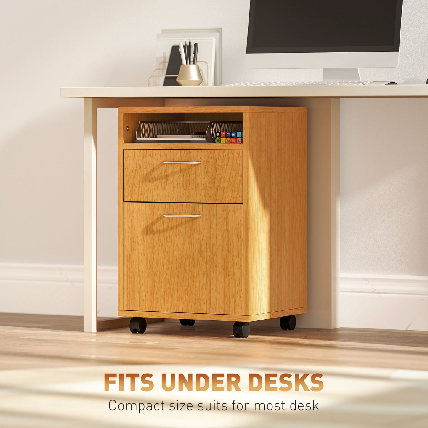 60cm Filing Cabinet With Drawer, Open Shelf, Metal Handles And 4 Wheels, Office Home Organiser Mobile Printer, Natural Wood Finish