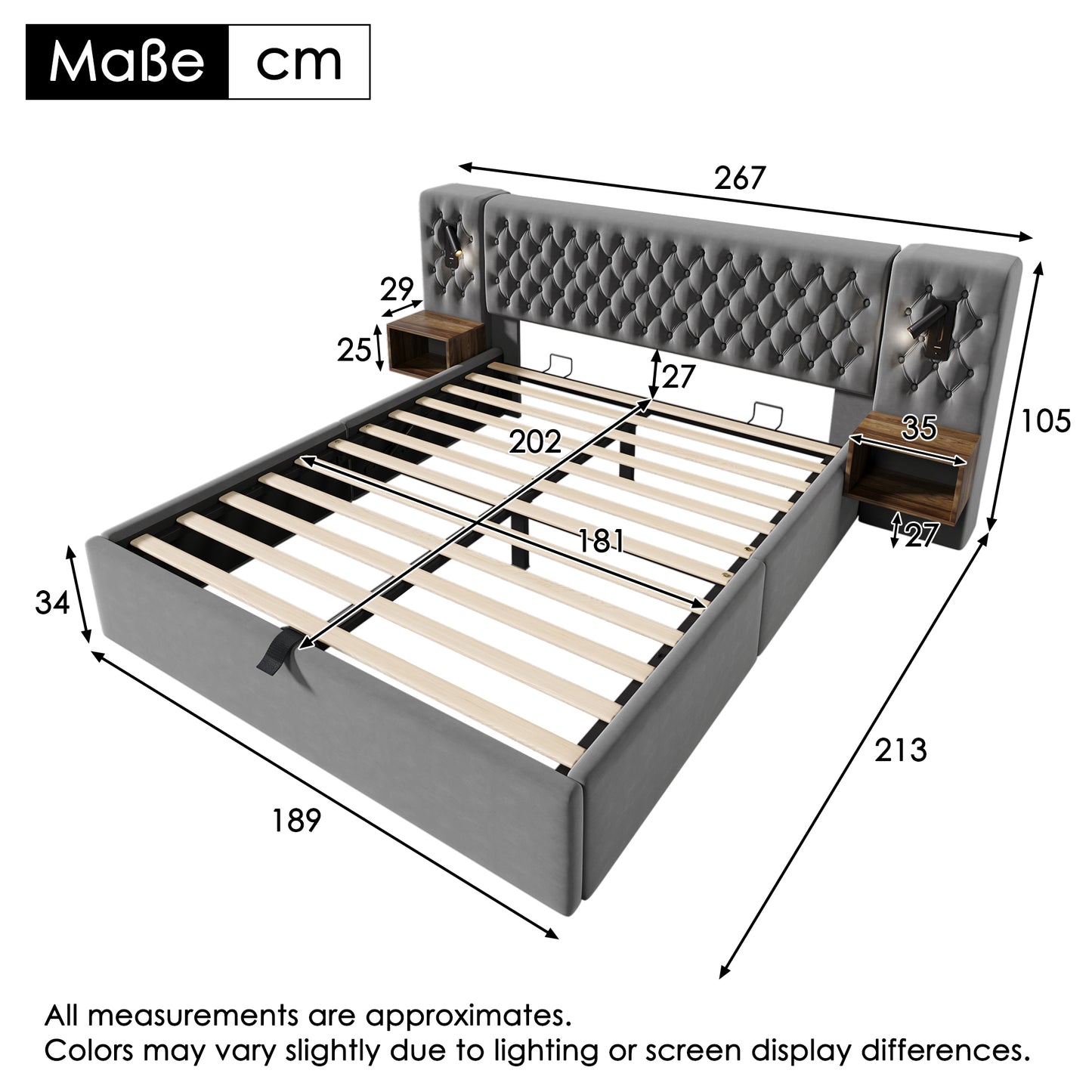 AB30260567G Bedding Bedroom Complete Set,Upholstered Bed Hydraulic Storage Bed Double Bed 180x200 Cm With 2 Bedside Tables, Headboard Reading Light With USB Charging Function, Grey, Velvet