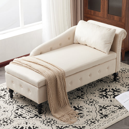 Velvet Chaise Longue Sofa With Storage Space, Upholstered Chaise Longue Couch With Cushions For Living Room, Modern Lounge Chair With Nailhead Trim And Button Stitching, Bedroom And Office, Right Armr