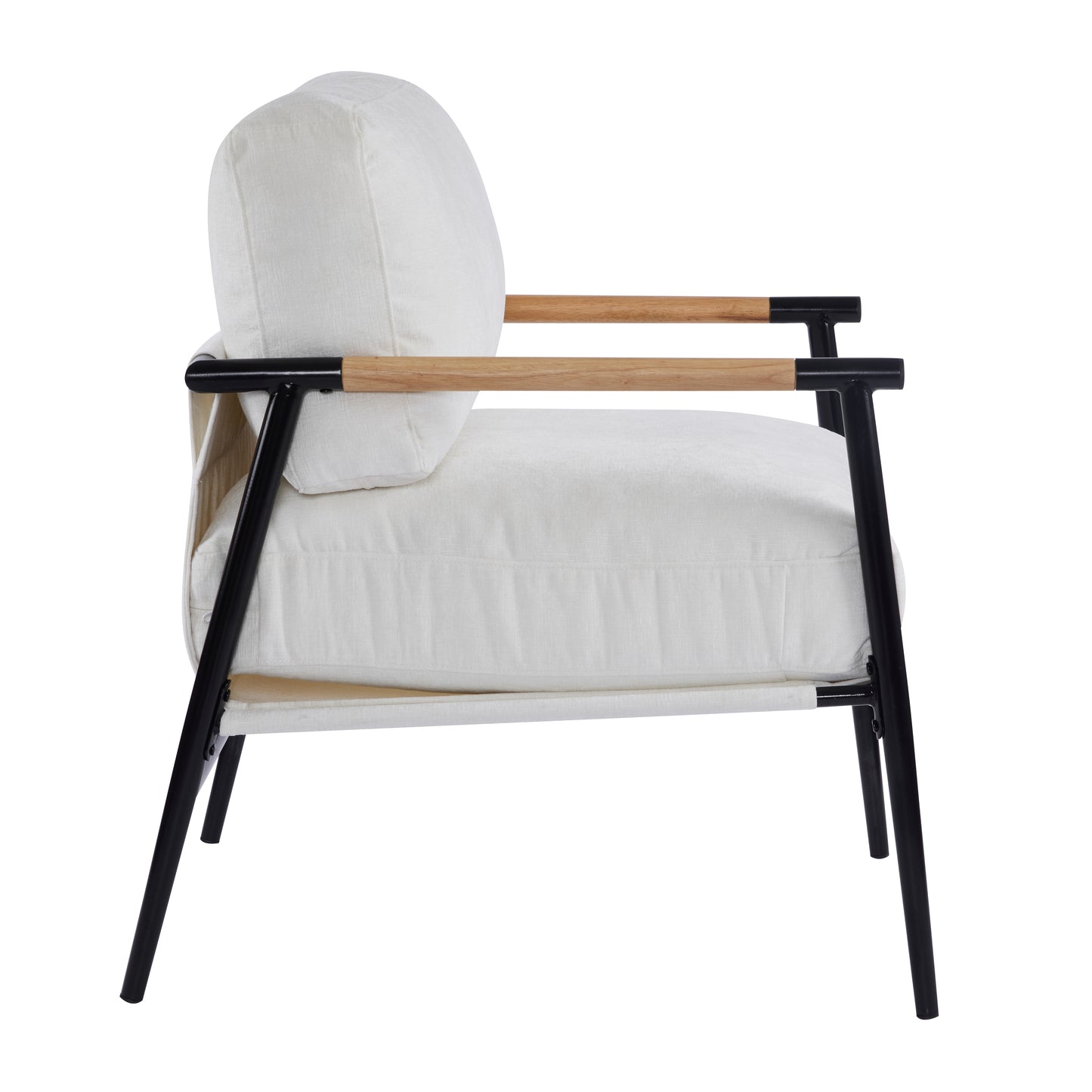 27.56  Modern Accent Chair With Plush Cushions, Minimalist Metal Frame, And Wooden Armrest Design -Perfect For Cozy Living Room, Bedroom, Or Office Seating