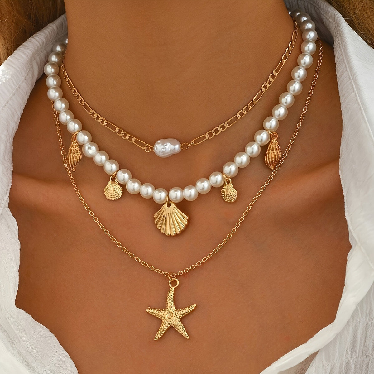 European And American Style Multi-Layered Pearl And Starfish Shell Necklace For Women, Beach Vacation Style Clavicle Chain, Fashionable And Versatile Neck Accessory