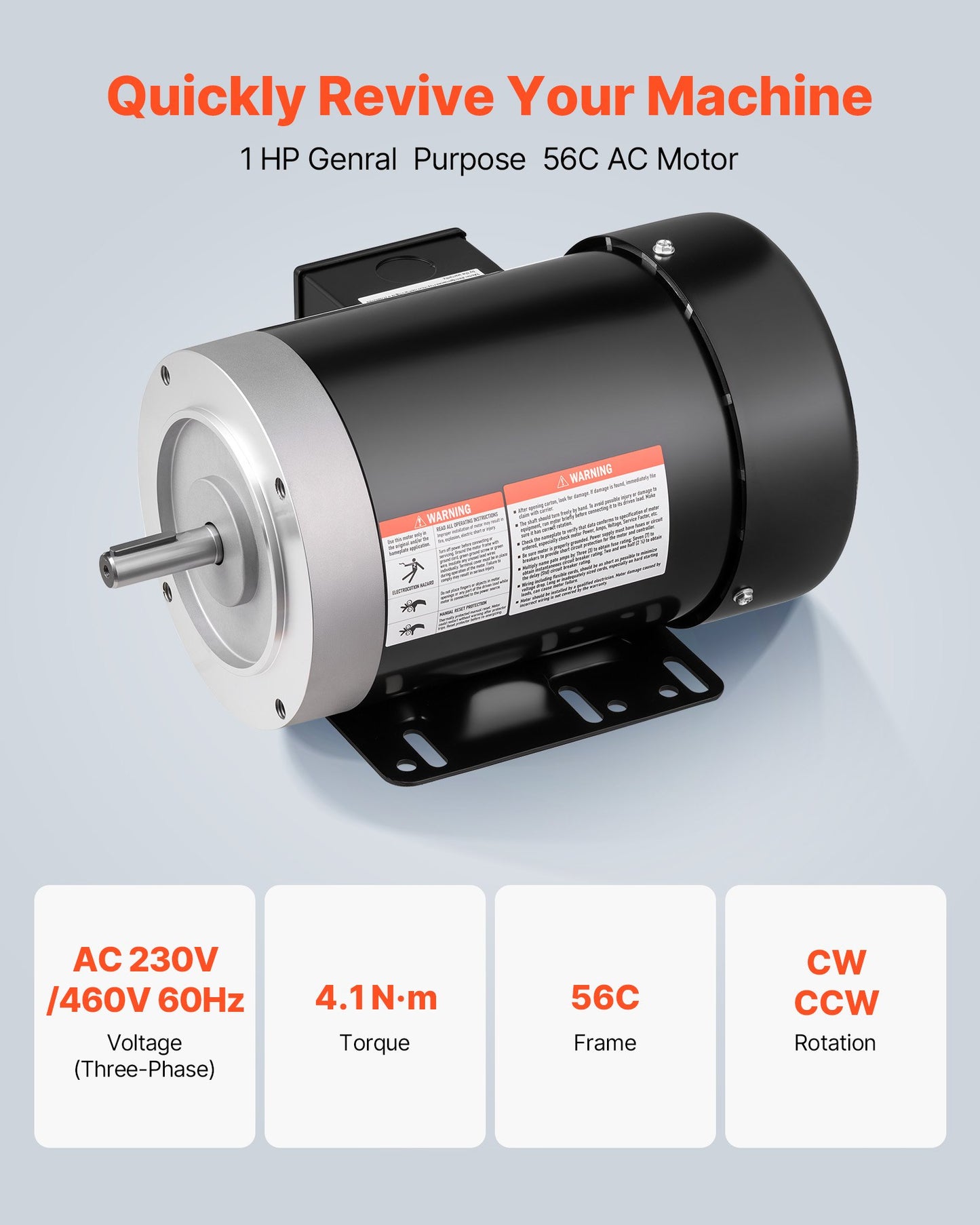 1 HP Electric Motor, 1725RPM Air Compressor Motor, CW/CCW Rotation, 5/8 Inch Shaft Diameter, 1.88inch Shaft Length, 4.1N.m Torque, Three-Phase, TEFC Cooling, 230V/460V, 56C Frame