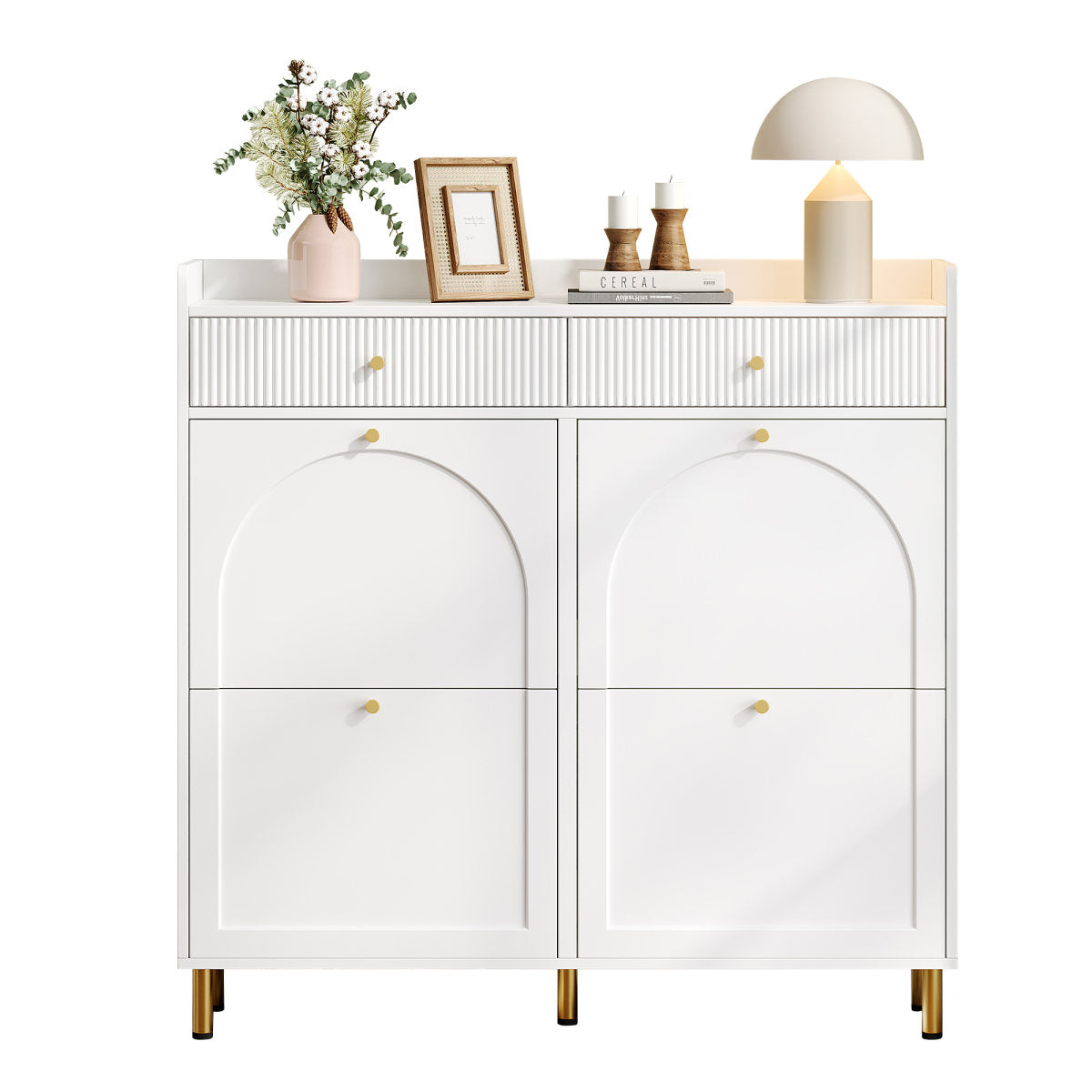 Narrow Shoe Cabinet With 4 Flip Doors And 2 Drawers, Adjustable Shelves, Metal Handles, Top Shelf For Organized Storage, Space-Saving Storage For 16-20 Pairs, White, 106.5 X 25 X 105.5 Cm