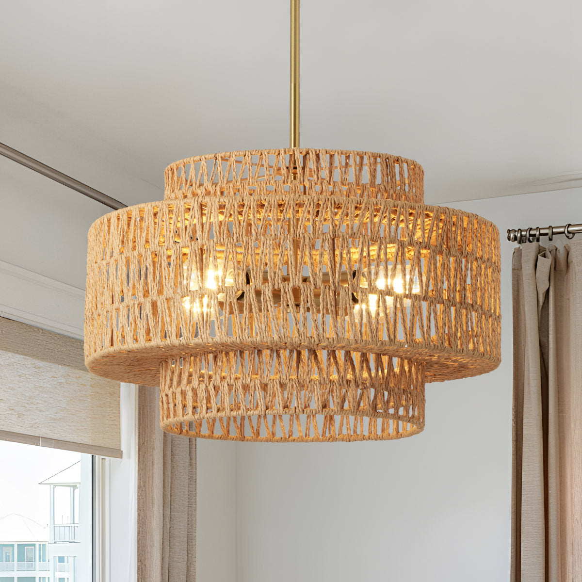 17.7" Boho Rattan Chandelier for Dining Room Light Fixture, 4-Light Hand Woven Wicker Pendant Light Fixture, Farmhouse Rustic Hanging Chandelier for Dining Room, Kitchen Island, Living, Bedroom