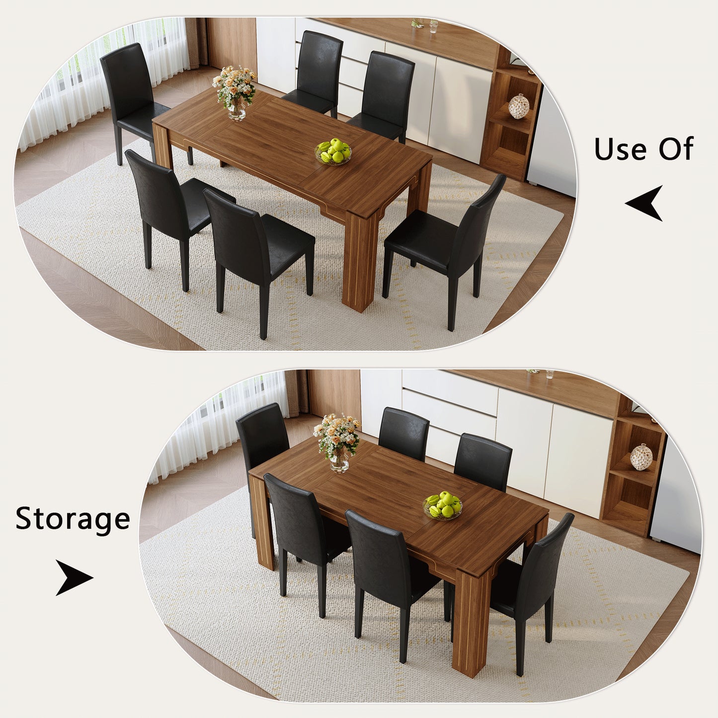 Table And Chair Set.71 X 31.5 Inch Walnut Wood Grain Dining Table, Paired With A Set Of 6 Black PU Dining Chairs. 1 Table, 6 Chairs, Home Dining Table And Chair Combination.