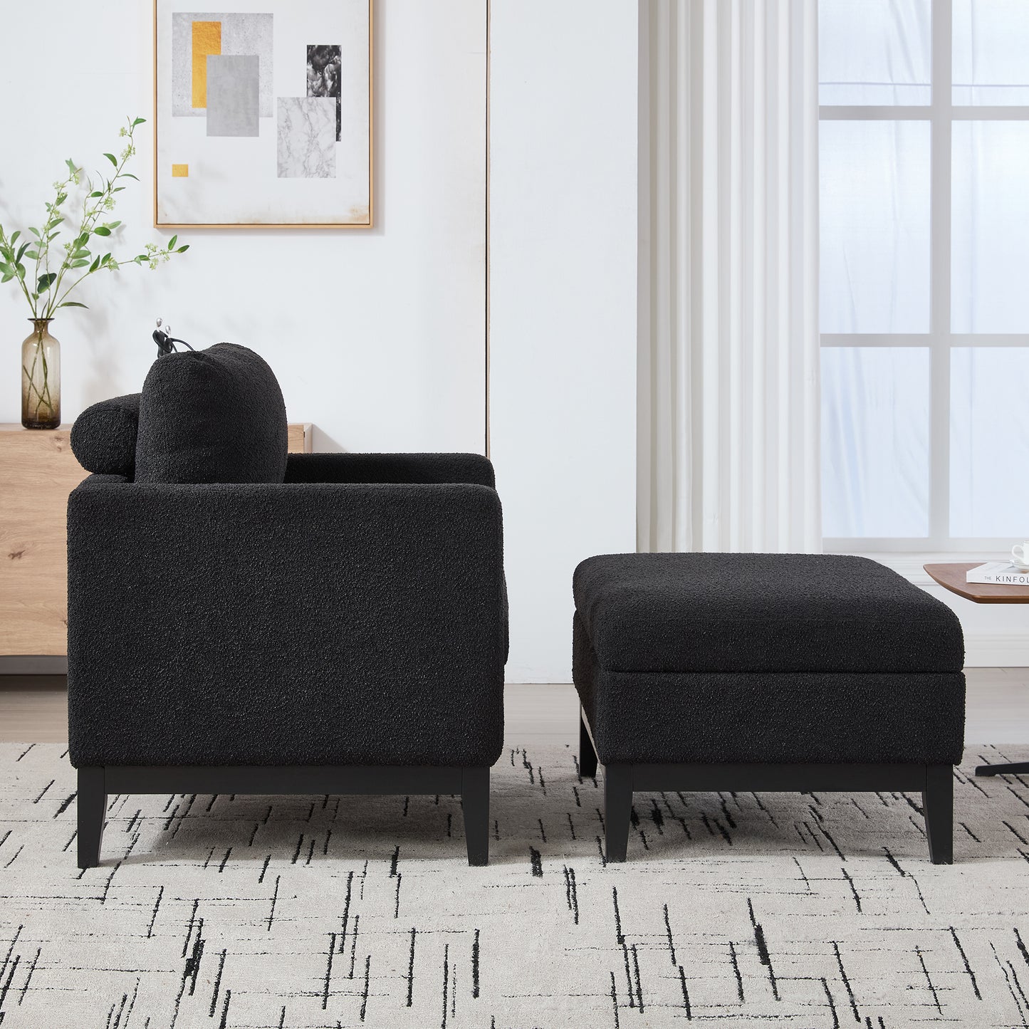 35.4  Wide Farmhouse Performance Upholstered Wood Base Square Accent Arm Chair With Ottoman Black Finish Legs With Reversible Lid Coffee Table For Living Room Office And Lounge,Black Boucle