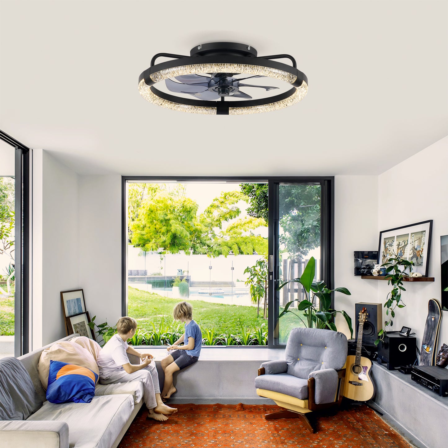 20  Ceiling Fans With Kit ,LED Light Source And Remote Control, 3000-6500K Dimmable Modern Flush Mount LED Fan Light, 6 Speeds, Quiet DC Motor For Living Room, Bedroom,Kitchen----Matte Black