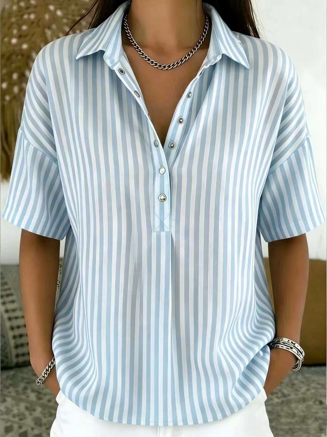 Womens Fashion Casual Striped Short-sleeve Shirt