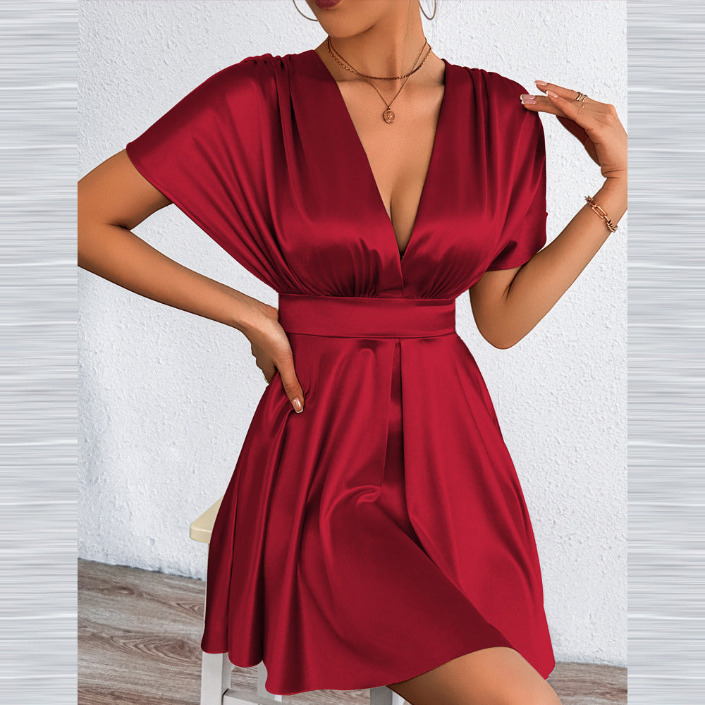 New Womens Summer V-neck Elegant Low-cut Fashionable Waist-cinching Dress