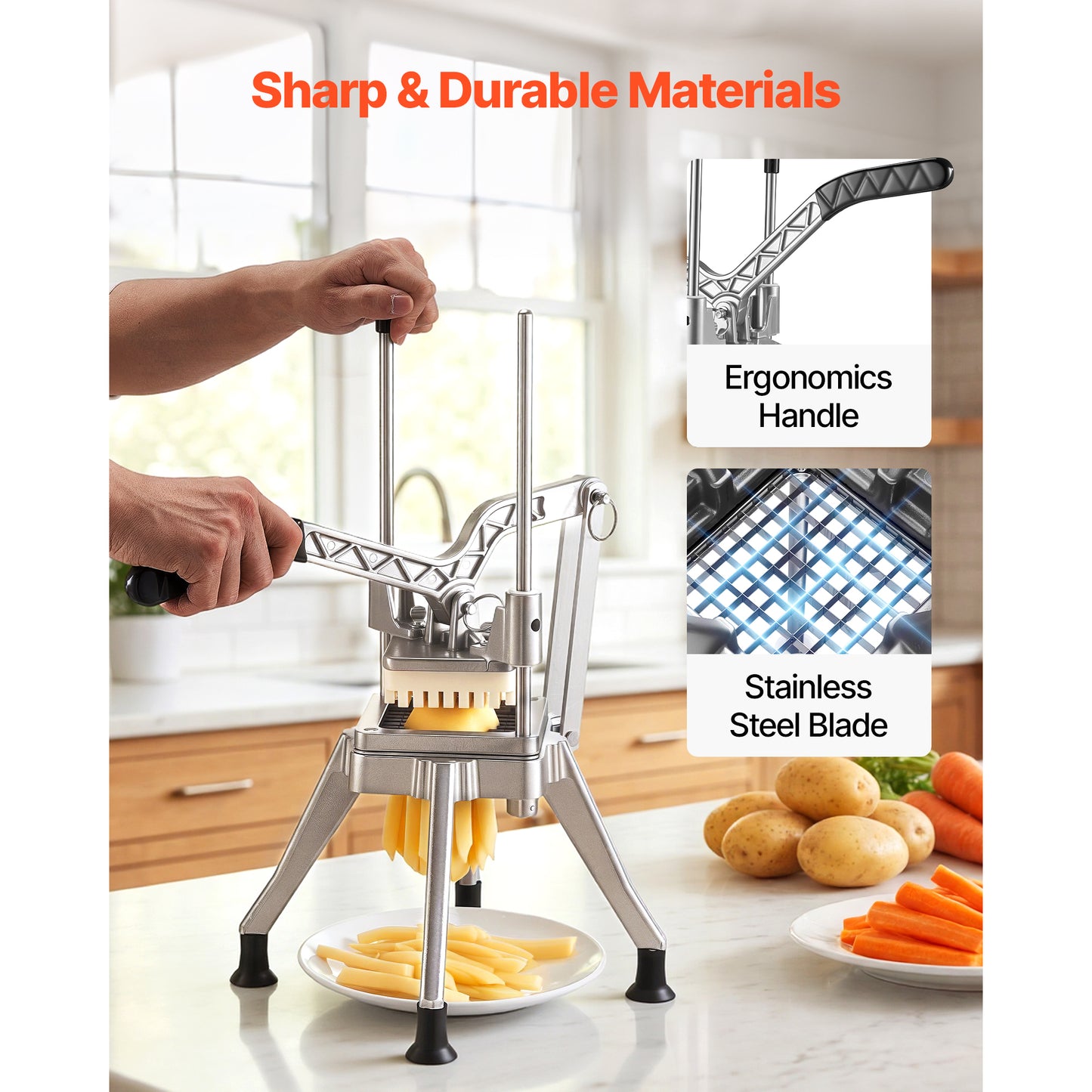 French Fry Cutter, Commercial Vegetable Chopper With 4 Blades (1/2", 3/8", 1/4" & 6-Wedge With Corer), Lever Stainless Steel Potato Slicer For Home Thick, Regular & Thin Fries Cut, Onion, Fruit