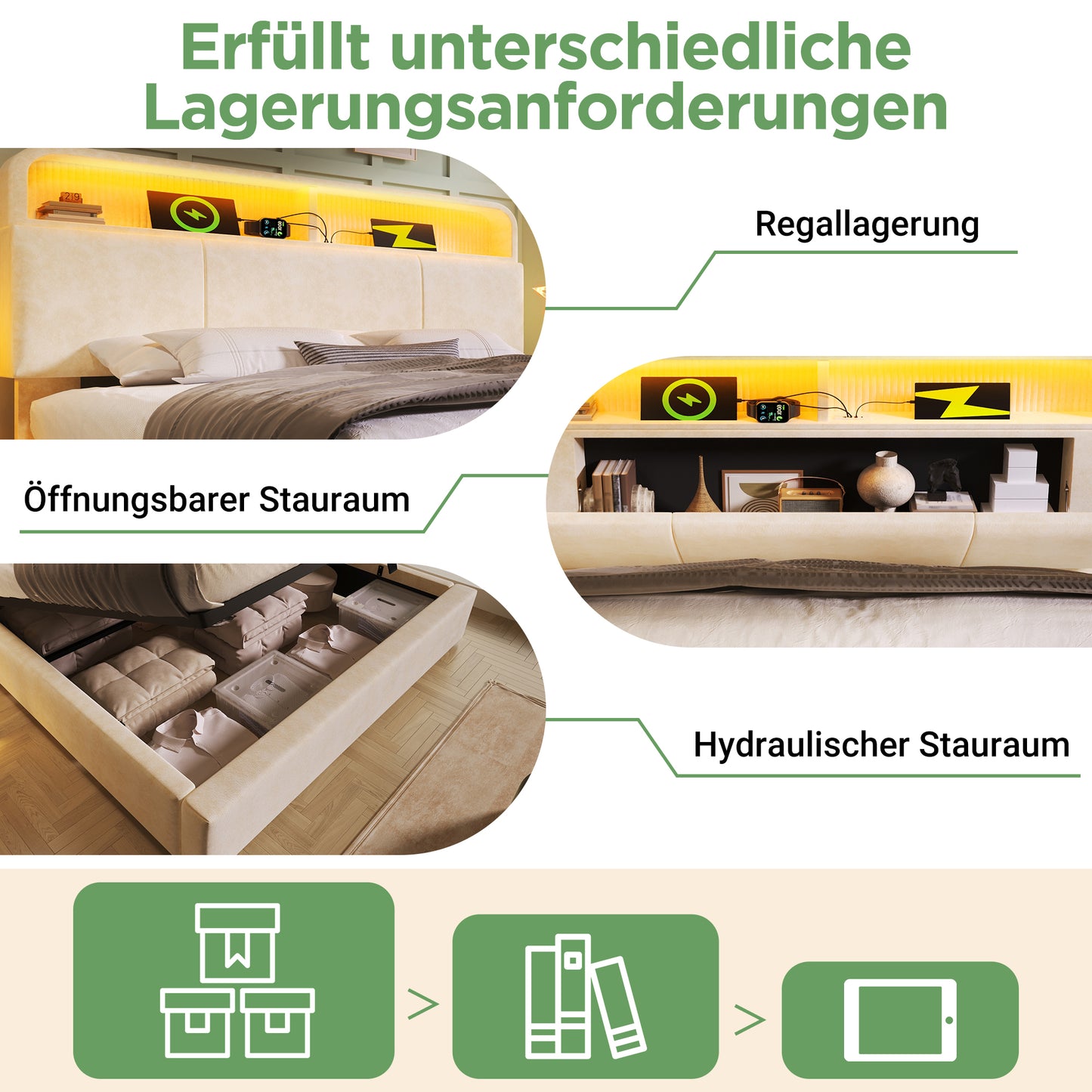Upholstered Bed Double Bed 140x190 Cm With Height-adjustable Storage Headboard, Hydraulic Bed With LED Lighting & USB Type-C Charging Station, Velvet, Beige, Incl. Slatted Frame  Without Mattress