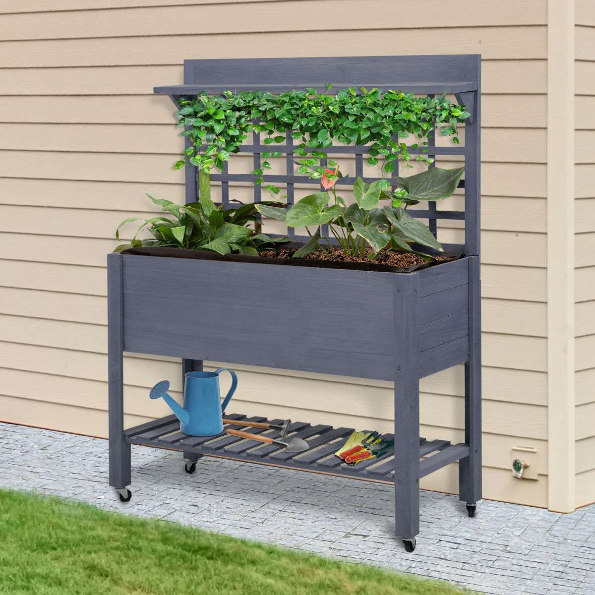 41" Raised Garden Bed Mobile Elevated Wooden Planter Box Stand With Wheels, Trellis And Storage Shelf, Gray