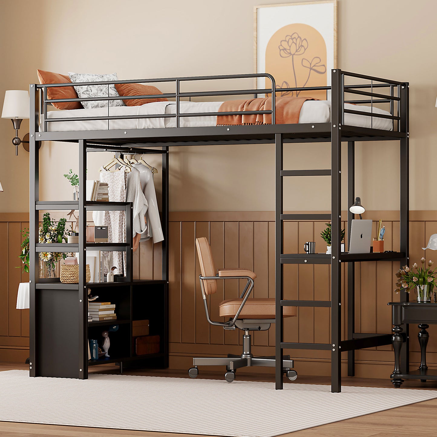 Loft Bed, 90x200cm , Without Mattress, Bed With Desk, With Socket And USB, Multiple Shelves, Open Storage Cupboard, Railing, Ladder, Iron Frame, Black
