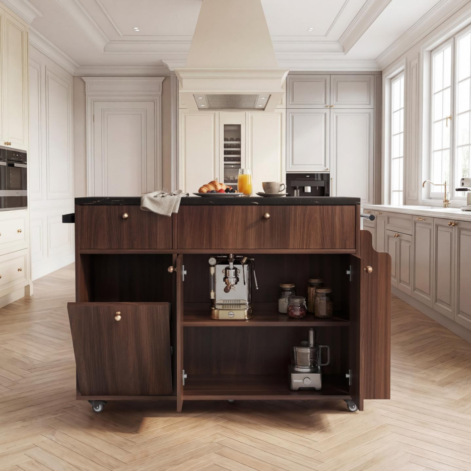 Kitchen Island With Storage Rolling Kitchen Island Cart With Drop Leaf Extension, Black Marble Top, Drawers, Spice Rack, Towel Bar, Mobile Kitchen Cart For Kitchen & Dining Room