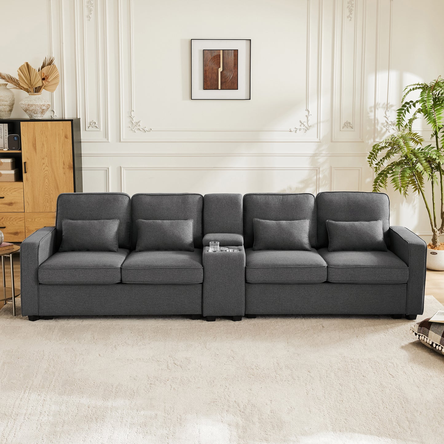 Modern 4 Seater Sofa In Linen Fabric With Console, 2 Cup Holders, 2 USB Ports For Charging With Cable, With Armrest Pockets And 4 Cushions, Simple Sofa For Living Room, Apartment, Office