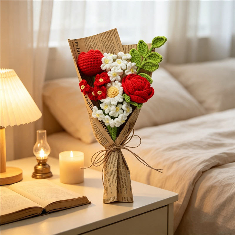 Handmade Crocheted Flower Bouquet, Red Roses And Tulips Paired With White Small Daisies, Soft Yarn Everlasting Knitted Bouquet, Indoor Home Decorative Ornament