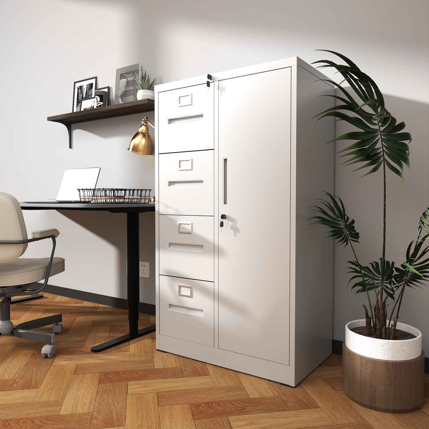 Metal Storage Vertical Filing Cabinet With Lock, Steel File Locker With 4 Drawers And 1 Door For School, Living Room, Bedroom, Office  White