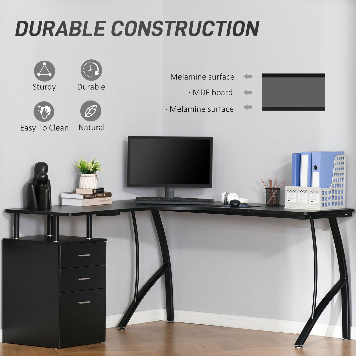 L-Shaped Computer Desk Table With Storage Drawer, Home Office Desk Corner Industrial Style Workstation For A4 Files 143.5 X 143.5 X 76cm, Black