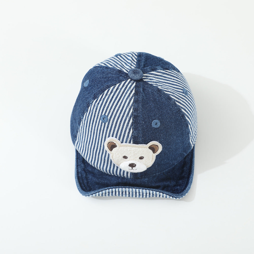 Children's Patchwork Striped Cartoon Bear Sewn Water-washed Distressed Fashion Casual Soft-brimmed Baseball Cap For Traveling And Shopping