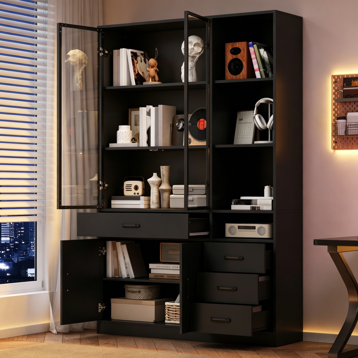 Tall Cabinet With Glass Cabinet & LED, 120x35x200cm Bookcase With 13 Storage Areas, 4 Drawers & Doors Showcases, Storage Cabinets, Cabinets, Suitable For Dining Room And Living Room, Black