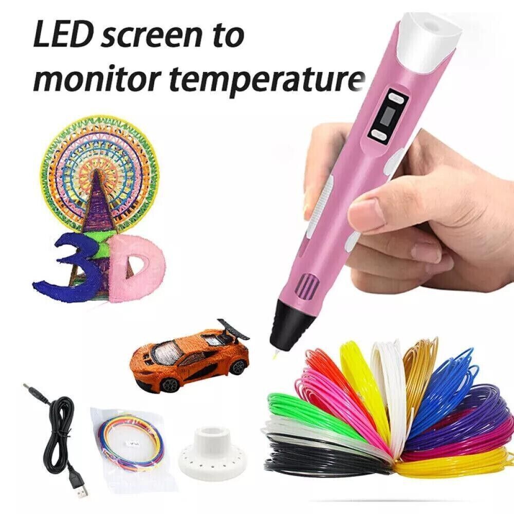 3D Printing Pen Set Doodle PLA Filament Printer Drawing 12 Colours Kids Gift UK----Pink Pen-36m PLA Filaments